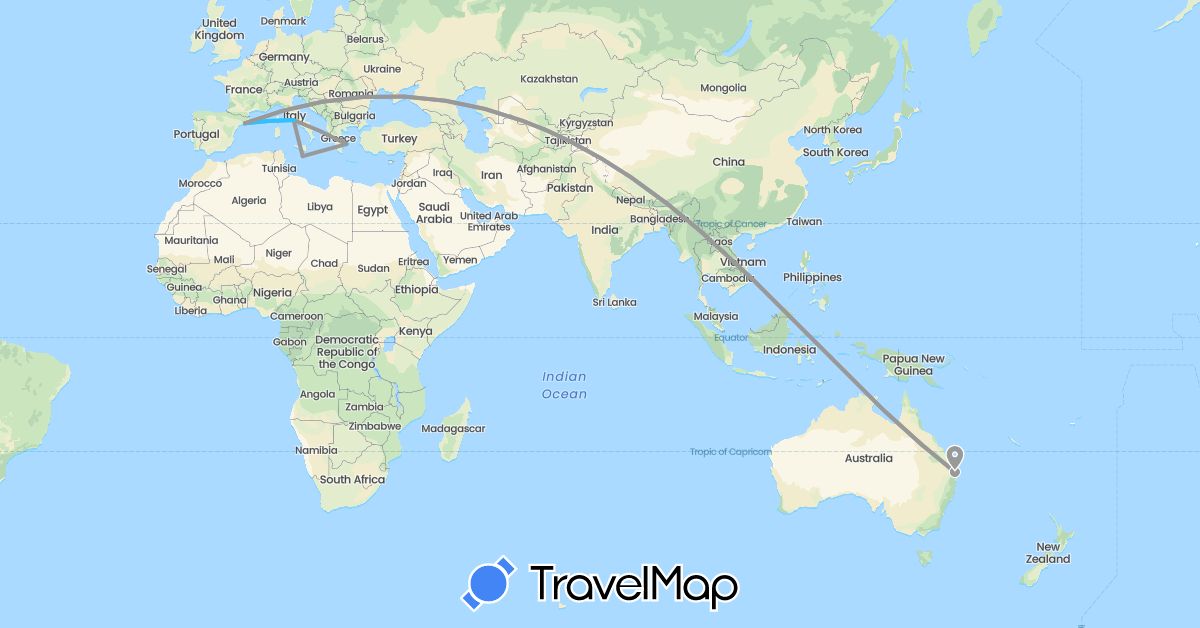 TravelMap itinerary: plane, boat in Australia, Spain, Greece, Italy, Malta (Europe, Oceania)